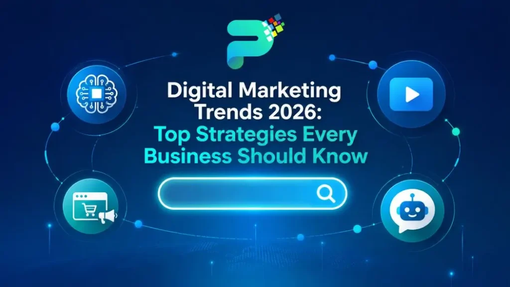 Digital marketing trends 2026 illustration showing AI search, video, and advertising icons