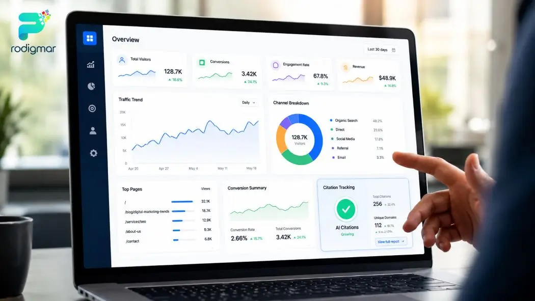 Marketing analytics dashboard tracking conversions and AI citation performance