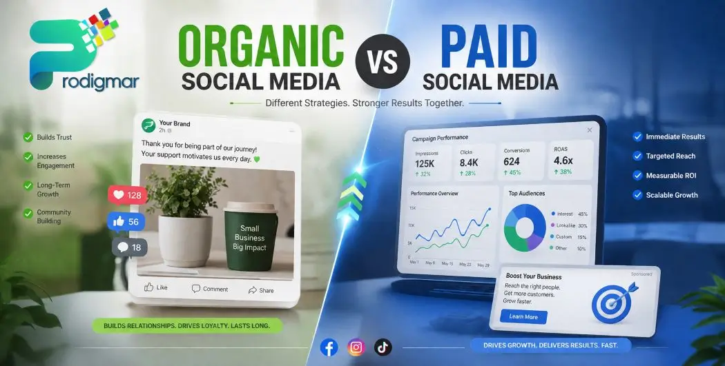 Organic vs Paid Social Media Marketing Strategies Infographic comparing organic and paid social media strategies, highlighting an Instagram Ads Funnel: 7 Game-Changing Strategies for growth.
