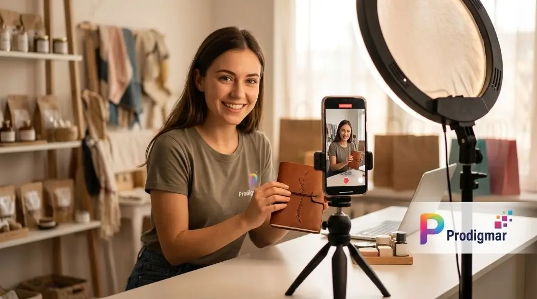 Small business owner creating short-form video content for social media marketing