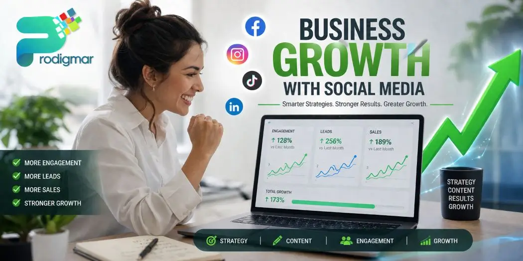 Business Growth With Social Media Marketing A professional woman viewing a laptop dashboard showing growth metrics, illustrating an Instagram Ads Funnel: 7 Game-Changing Strategies.