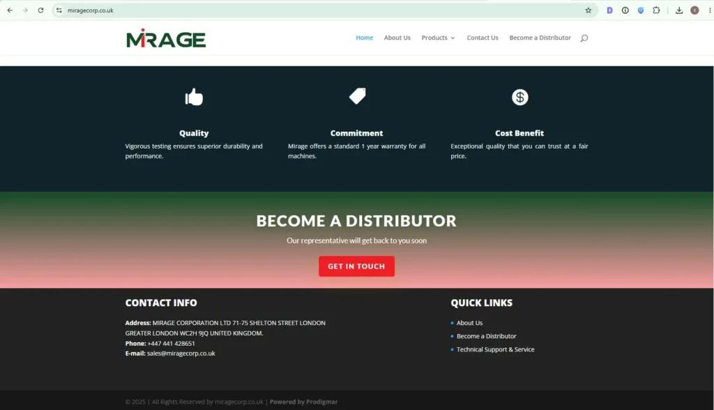 Mirage Corporation Ltd Website Design Website design for Mirage Corporation Ltd, a UK currency equipment manufacturer, featuring contact information and a call to action for distributors.