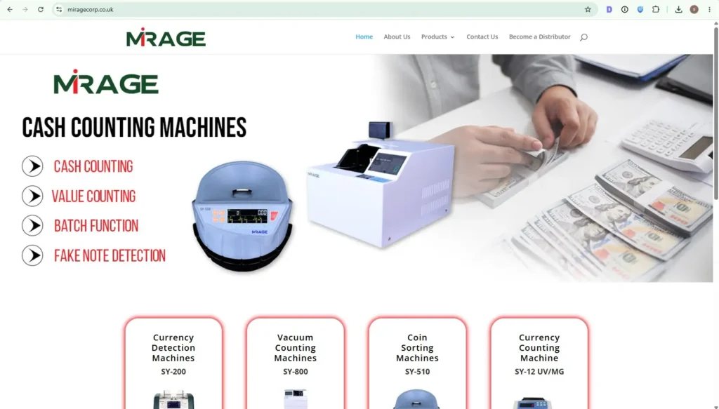 Mirage Corporation Ltd Website Design Website design for Mirage Corporation Ltd, a UK currency equipment manufacturer featuring cash counting machines and professional financial services.