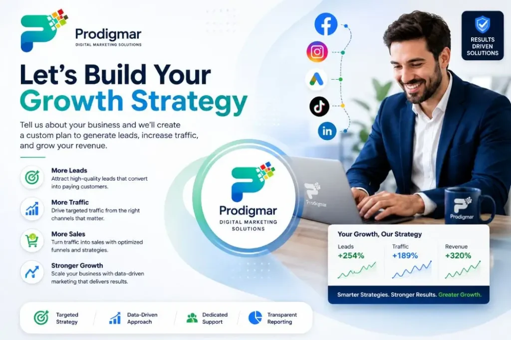 A professional working on a laptop, showcasing Prodigmar Digital Marketing Agency services for lead generation, traffic growth, and sales optimization.