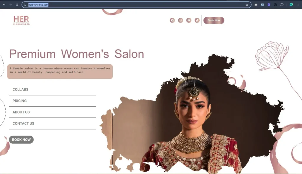 Her by Shelby's & Co. Website Design Website design for Her by Shelby's & Co. featuring a premium women's salon with elegant branding and a portrait of a woman in traditional attire.