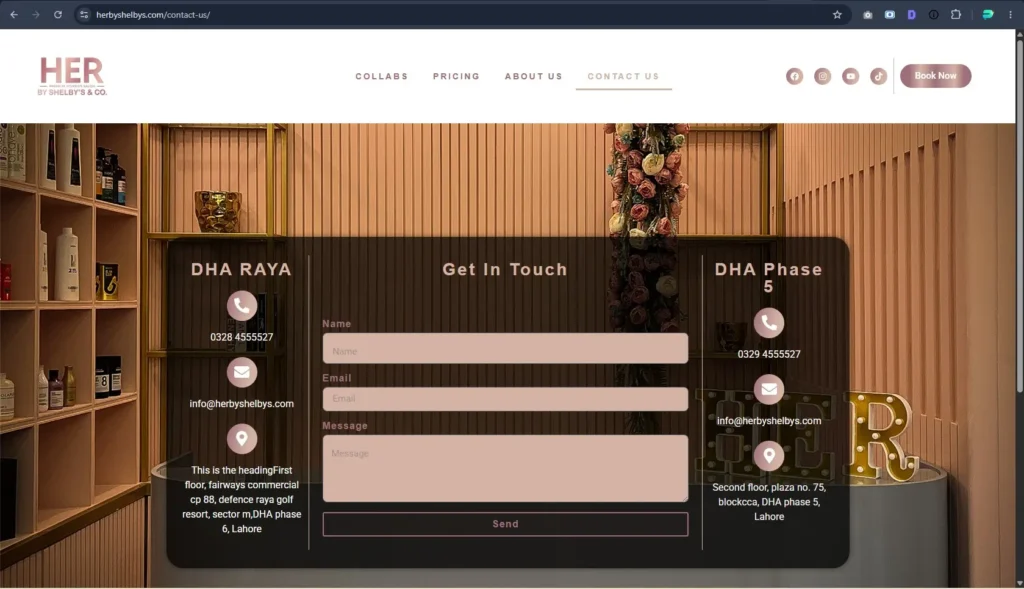 Her by Shelby's & Co. Contact Page Design Contact page for Her by Shelby's & Co. featuring a form and location details for their premium women's salon website design.