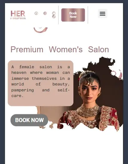 Her by Shelby's and Co Website Design A mobile website design for Her by Shelby's & Co. featuring a premium women's salon with elegant branding and a book now call to action button.