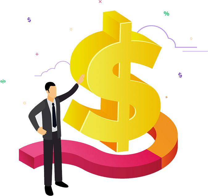 Digital Marketing Agency Growth Strategy A professional in a suit gesturing toward a large golden dollar sign, representing growth strategies by our Digital Marketing Agency.
