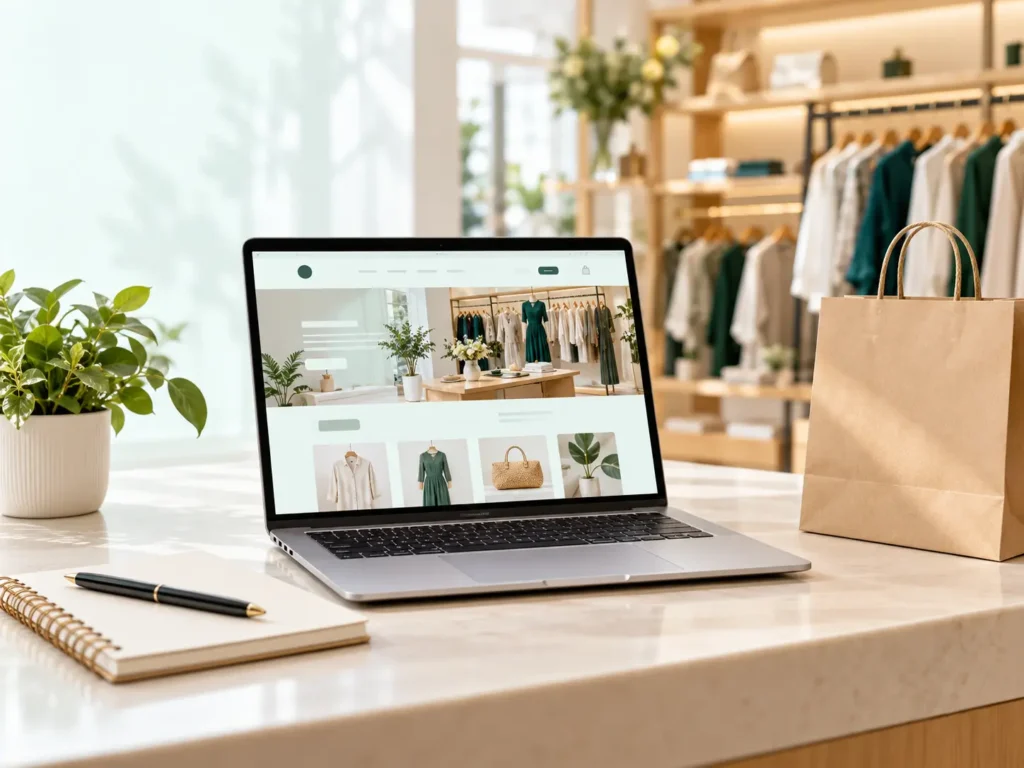 A laptop displaying an e-commerce website for a clothing boutique, sitting on a desk with a shopping bag, new about our digital marketing services.