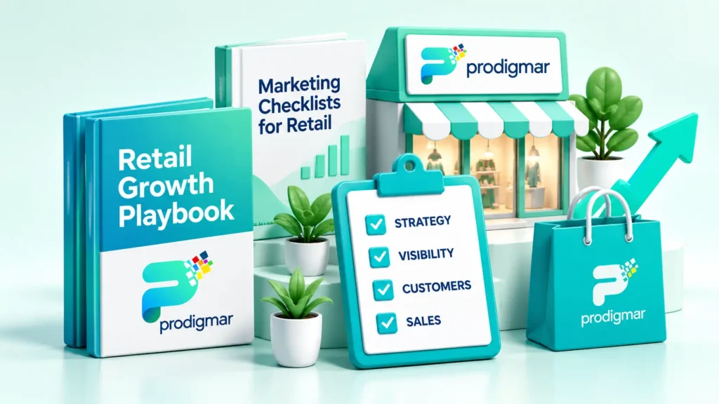 Prodigmar retail marketing resources including a growth playbook, checklists, strategy clipboard, and branded shopping bag in a 3D store setting.