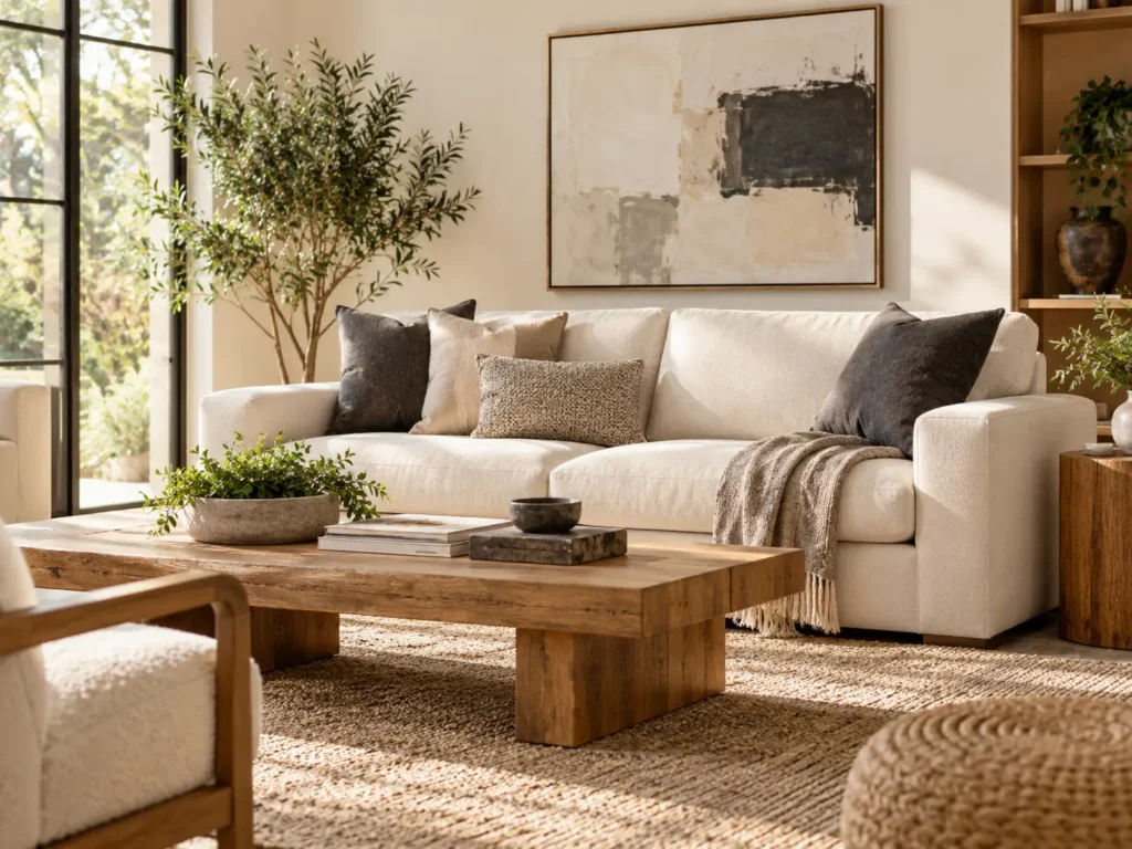 A modern living room featuring a cream sofa, rustic wooden coffee table, and natural decor, reflecting Retail Industries We Help in Pakistan.