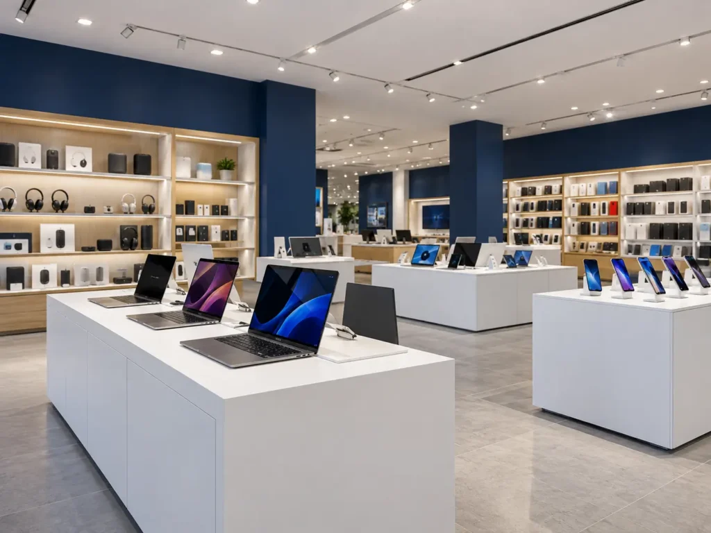 Modern electronics store interior showcasing laptops and smartphones, highlighting Retail Industries We Help in Pakistan through digital marketing.