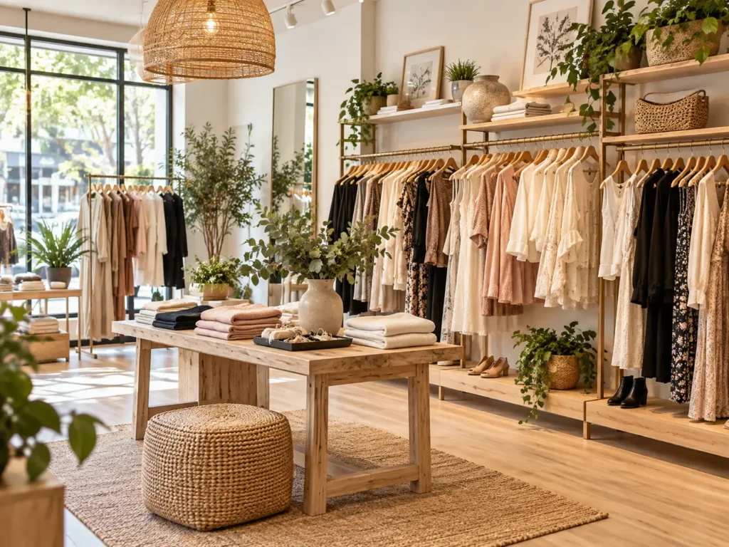A bright clothing boutique interior showcasing retail industries we help in Pakistan with organized racks, wooden displays, and natural decor elements.