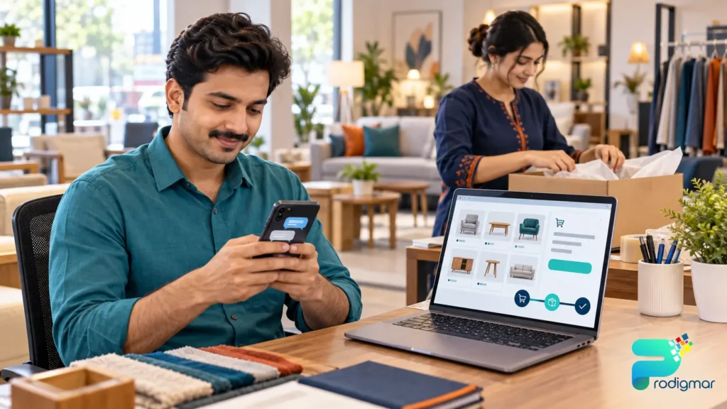 Furniture Showroom Teamwork in Lahore Retail team in Lahore managing online checkout orders and WhatsApp enquiries for an e-commerce store