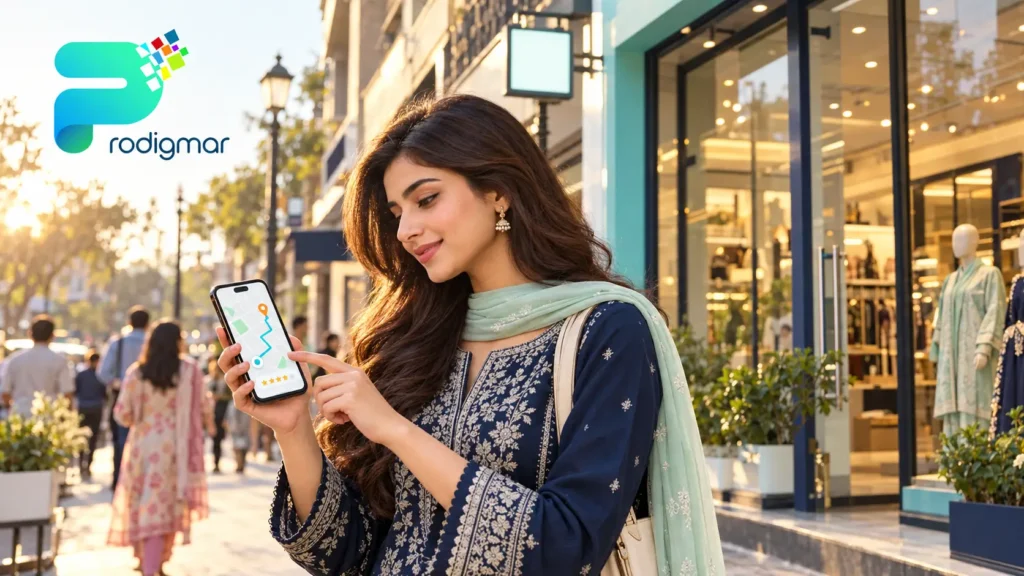 Navigating Lahore’s Golden-Hour Shopping Street Shopper in Lahore using a smartphone map to find a local retail store through its Google Business Profile