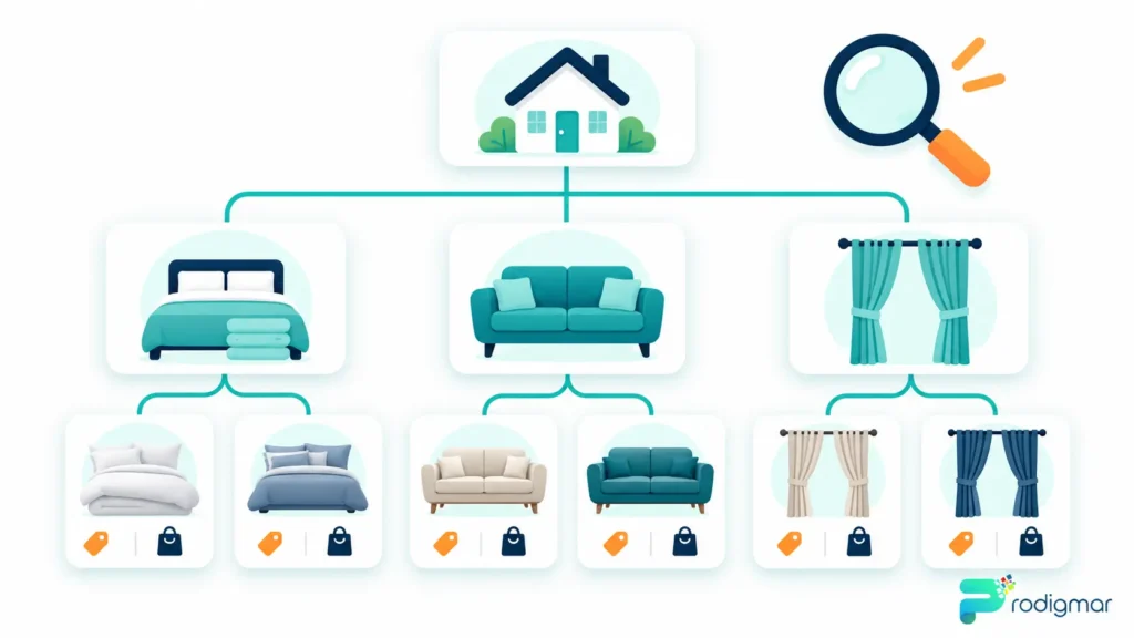 Retail SEO category tree Diagram of an e-commerce website structure linking homepage, category pages and product pages for retail SEO