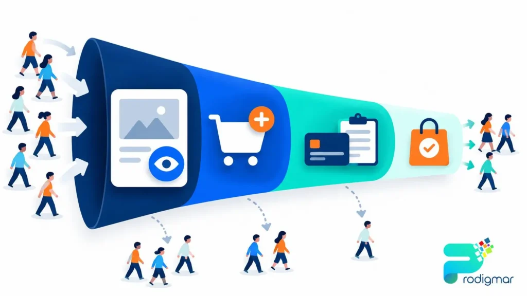 ecommerce-conversion-funnel-product-view-to-purchase E-commerce conversion funnel showing product views, cart additions, checkout starts and completed purchases