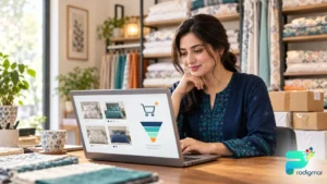 Pakistani online retailer in Lahore reviewing e-commerce conversion optimization data on a laptop