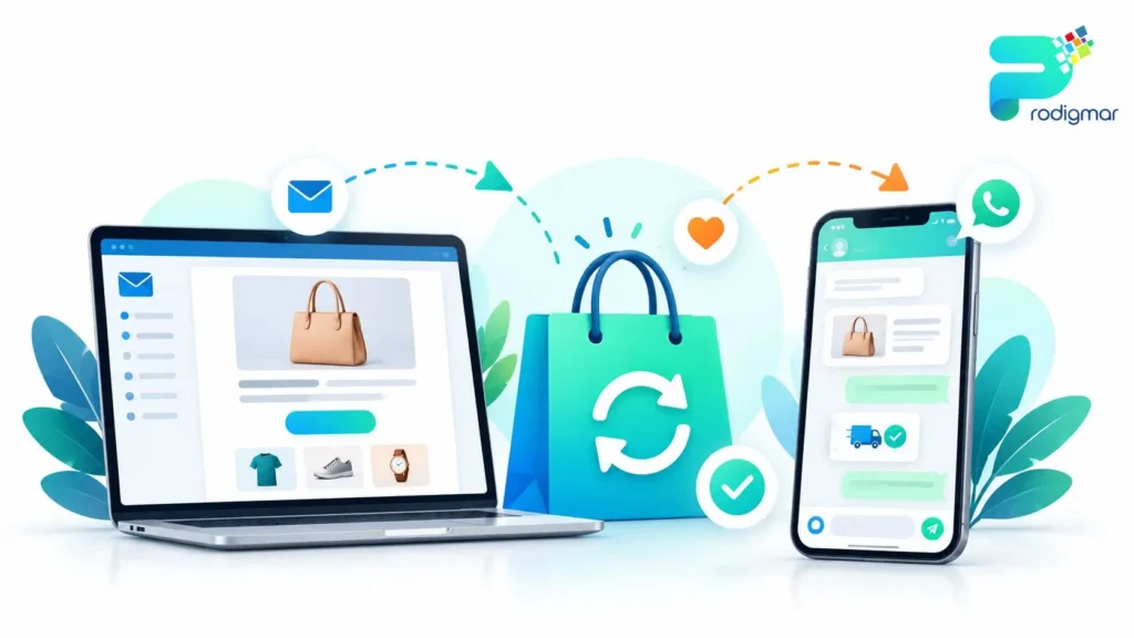 Retail Customer Retention Strategies Illustration comparing email marketing and WhatsApp follow-up messages for retail customer retention