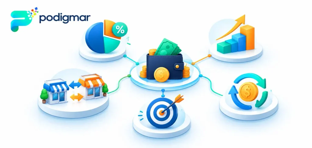 Retail Marketing Budget Strategy A 3D graphic showing a central wallet connected to icons representing retail business growth, marketing budget allocation, and financial strategy.