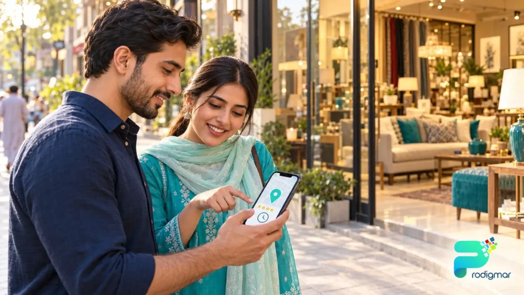 local-seo-google-business-profile-retail-lahore Customers in Lahore using a smartphone map to find a retail showroom through local SEO and Google Business Profile