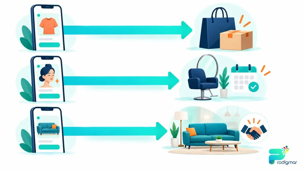 meta-ads-campaign-objectives-retail-outcomes Infographic showing Meta Ads campaign goals for online sales, salon bookings and showroom enquiries in Pakistan