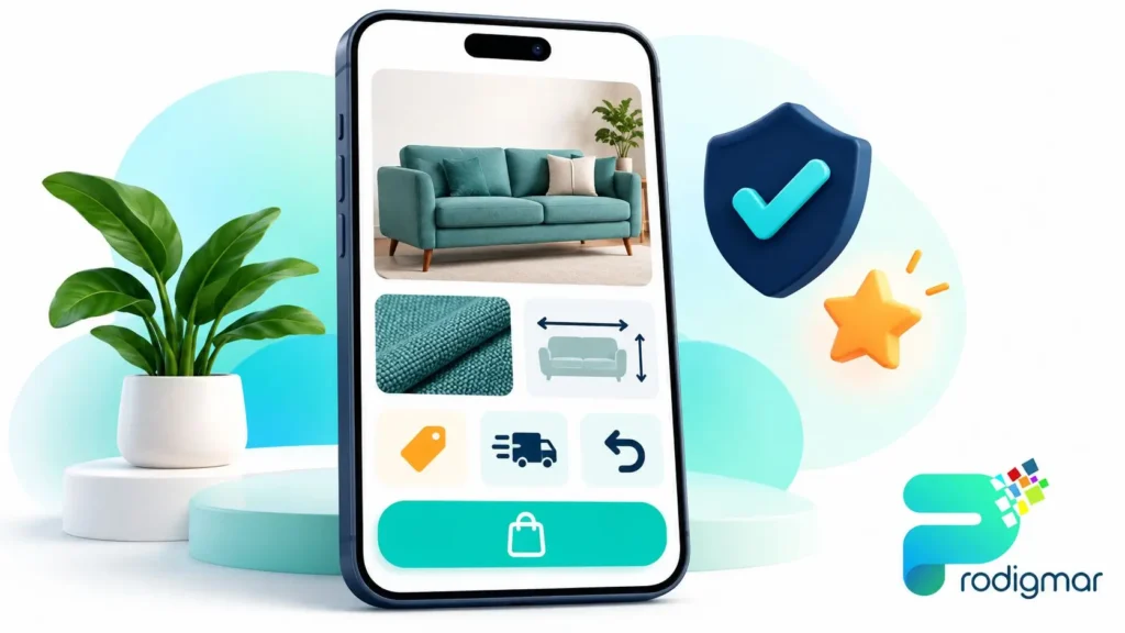product-page-optimization-mobile-furniture-store Mobile product page for a furniture store showing photos, price, delivery and return details that improve conversions