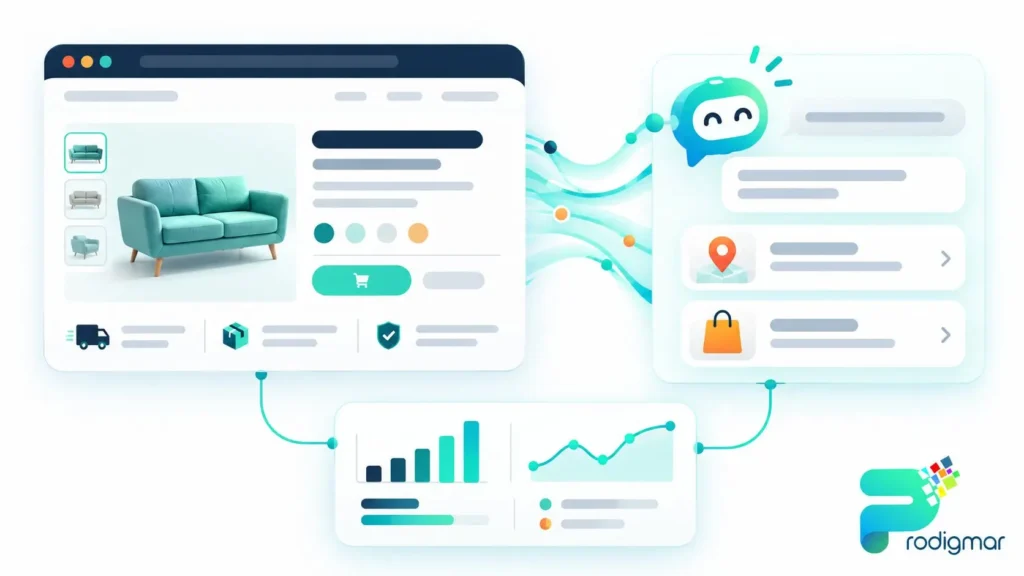 retail-ai-search-visibility-seo-foundation Illustration of a retail website content feeding AI search answers and SEO performance measurement