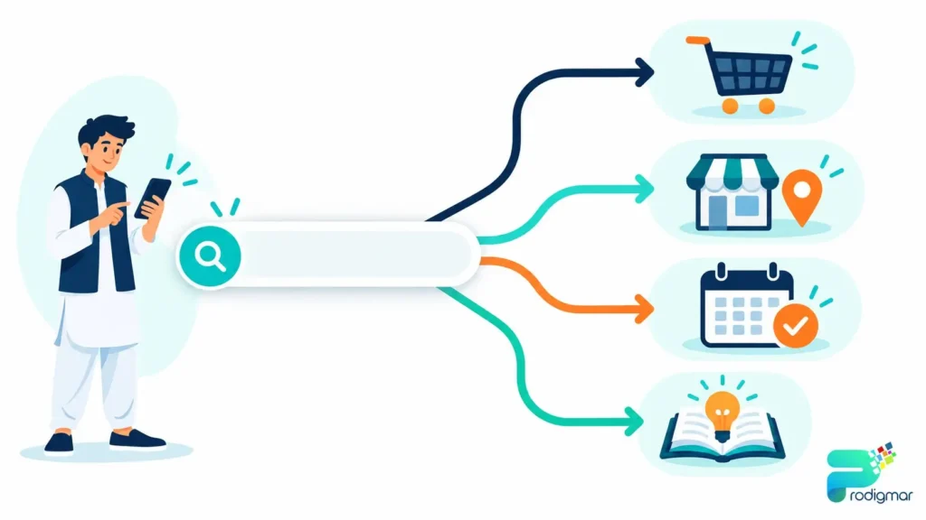 retail-keyword-research-search-intent-pakistan Infographic of search intent types for retail keyword research, from buying online to booking a service