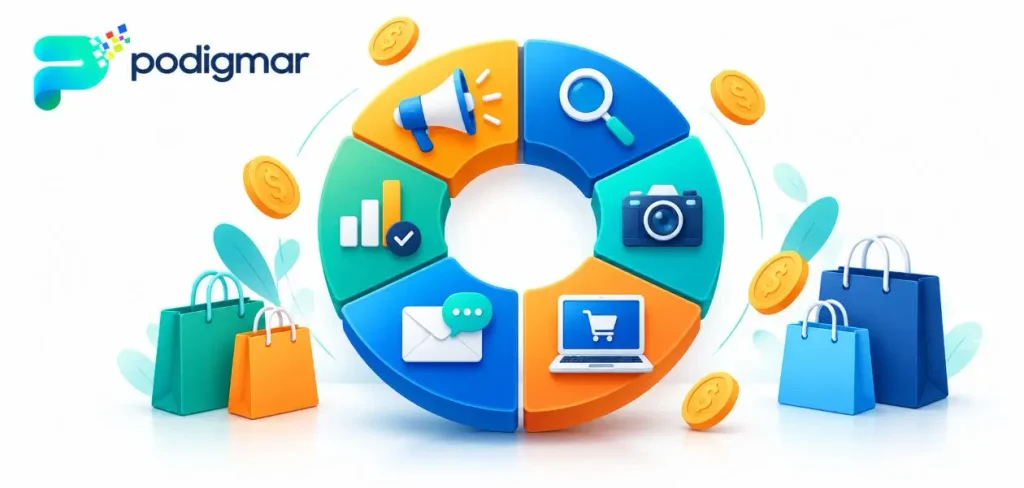 Digital Marketing Services and Budgeting A colorful circular chart with icons representing digital marketing services like SEO, email, and e-commerce, surrounded by shopping bags and coins.