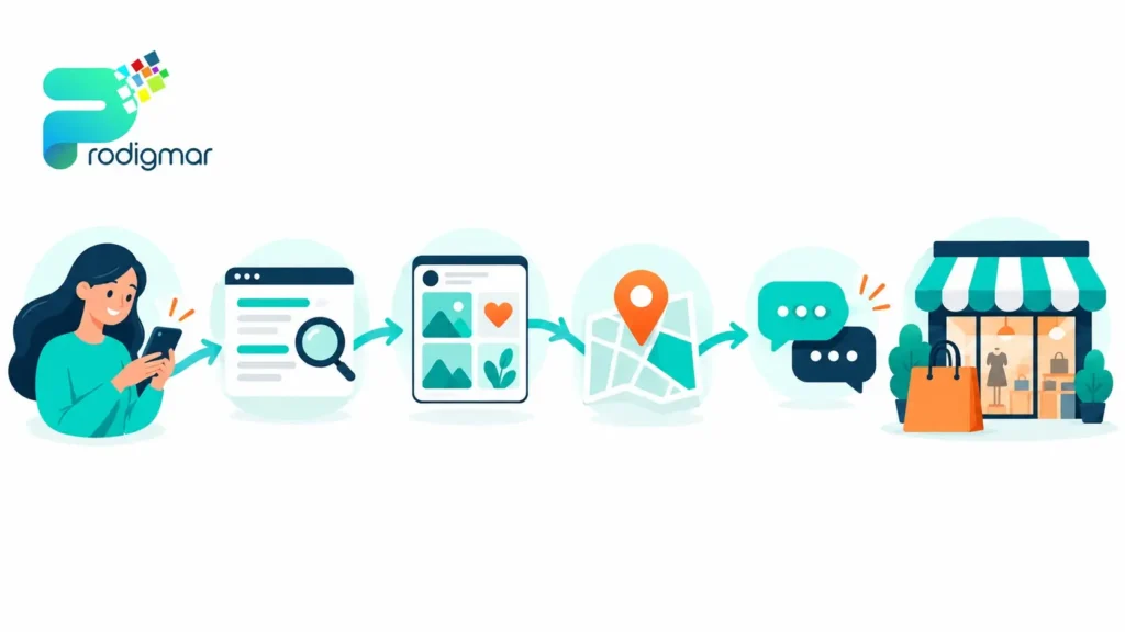 retail-marketing-channels-customer-journey Infographic of retail marketing channels mapped to the customer buying journey from search to store purchase