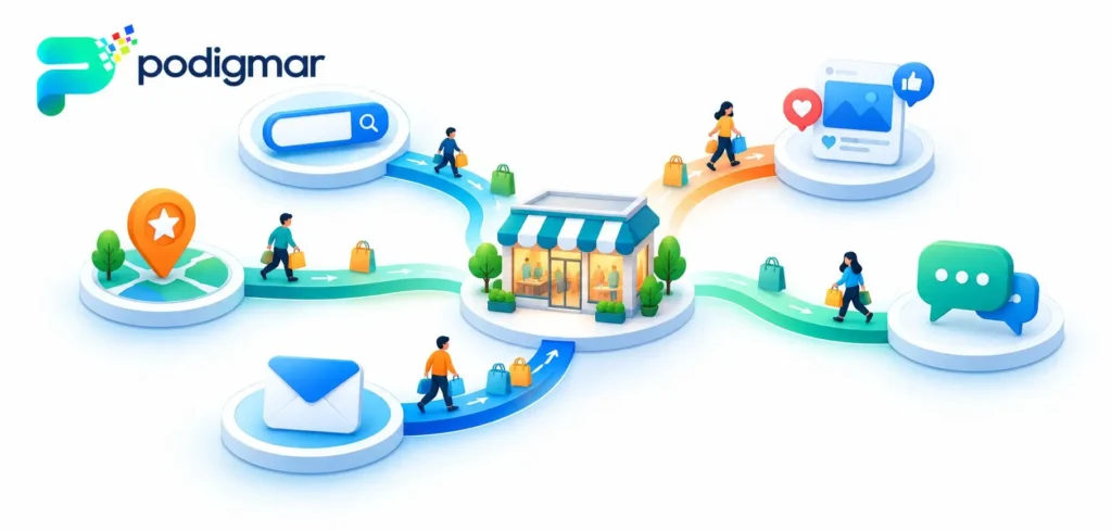 Digital Retail Marketing Strategy Illustration of retail marketing channels including Google Ads, Meta Ads, local SEO, WhatsApp and email connected to a store