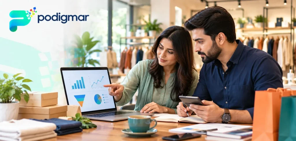 Retail Marketing Plan Pakistan Strategy Retail team in Lahore reviewing marketing KPIs, ROAS and conversion rate on a performance dashboard