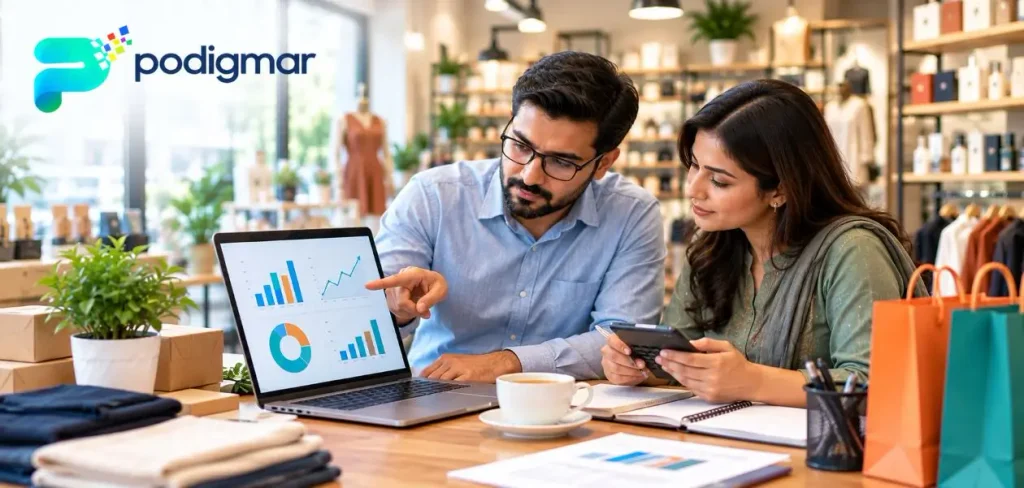 Retail Marketing Strategy Consultation Retail team in Lahore reviewing marketing ROI, ROAS and customer acquisition cost on a performance dashboard