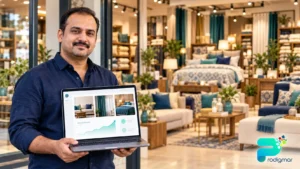 Pakistani retail showroom owner in Lahore reviewing SEO for retail businesses on a laptop