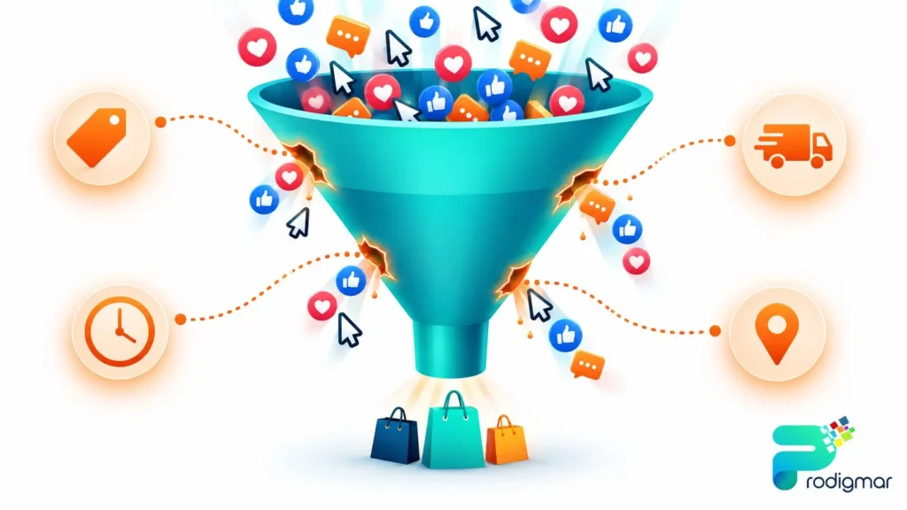 social-media-engagement-not-converting-to-sales Illustration of a leaking sales funnel showing why social media engagement does not convert into retail sales