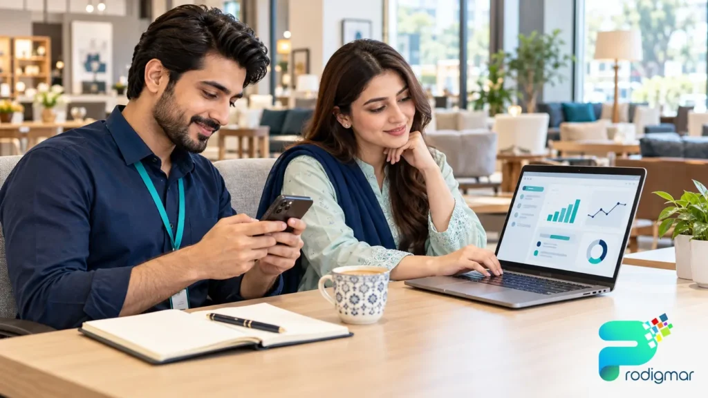 whatsapp-enquiry-follow-up-retail-sales-team Retail sales team in Lahore following up WhatsApp enquiries and tracking Meta Ads results on a dashboard