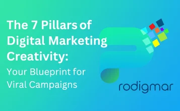 Prodigmar banner featuring the gradient P logo in green–blue colors with colorful digital squares, alongside the title ‘The 7 Pillars of Digital Marketing Creativity: Your Blueprint for Viral Campaigns’ on a smooth turquoise background.