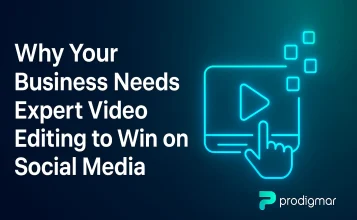 Professional video editing workspace with glowing blue and green AI-style effects representing Prodigmar’s brand design.