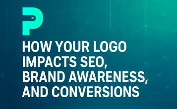 Futuristic digital illustration showing how logo design influences SEO, brand awareness, and conversions, using Prodigmar’s teal and aqua brand colors.