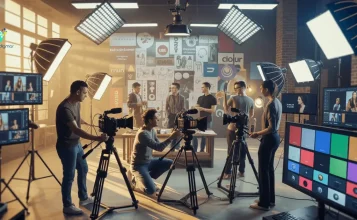 Brand video crew filming commercial in modern studio