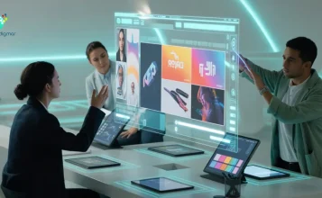 Futuristic graphic designers working in a digital studio with holographic branding visuals and neon blue-green accents, representing creative storytelling by Prodigmar.