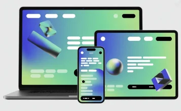 Responsive website screens on laptop, tablet, and mobile, featuring bold typography, 3D elements, and Prodigmar brand colors (#12B5E4, #35FBAC), illustrating modern Website Design Trends and conversion-focused web design.