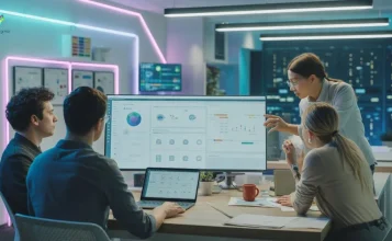 Team collaborating on web design and development with analytics dashboards in a modern office