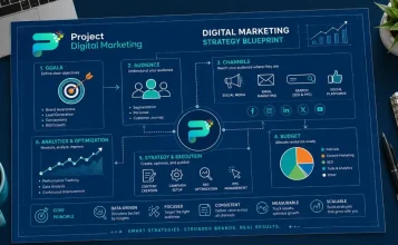 Digital marketing strategy blueprint showing connected goals, audience, channels, and budget icons
