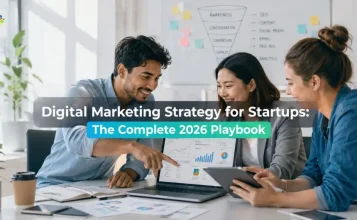 Startup team reviewing digital marketing strategy and analytics dashboard for 2026"