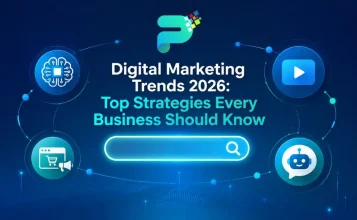 Digital marketing trends 2026 illustration showing AI search, video, and advertising icons