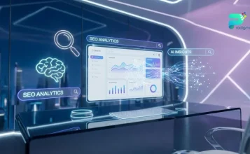 Illustration showing the future of SEO trends with AI-driven search insights and digital data visualization.