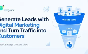 Digital marketing funnel showing how website traffic turns into leads and customers