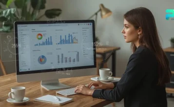 A businesswoman reviewing Google Ads performance on her computer in a modern, tidy office with soft natural lighting, charts, and analytics overlays visible on the screen.